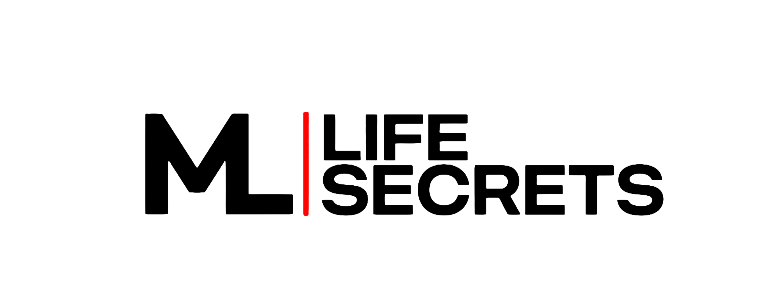 Logotipo con las letras ML a la izquierda de una línea roja vertical y las palabras LIFE SECRETS a la derecha