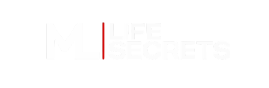 Logotipo ML Life Secrets en blanco con una línea roja vertical sobre fondo negro