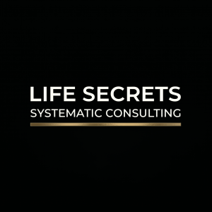 Logotipo de Life Secrets Systematic Consulting con texto blanco sobre un fondo negro y una línea dorada inferior
